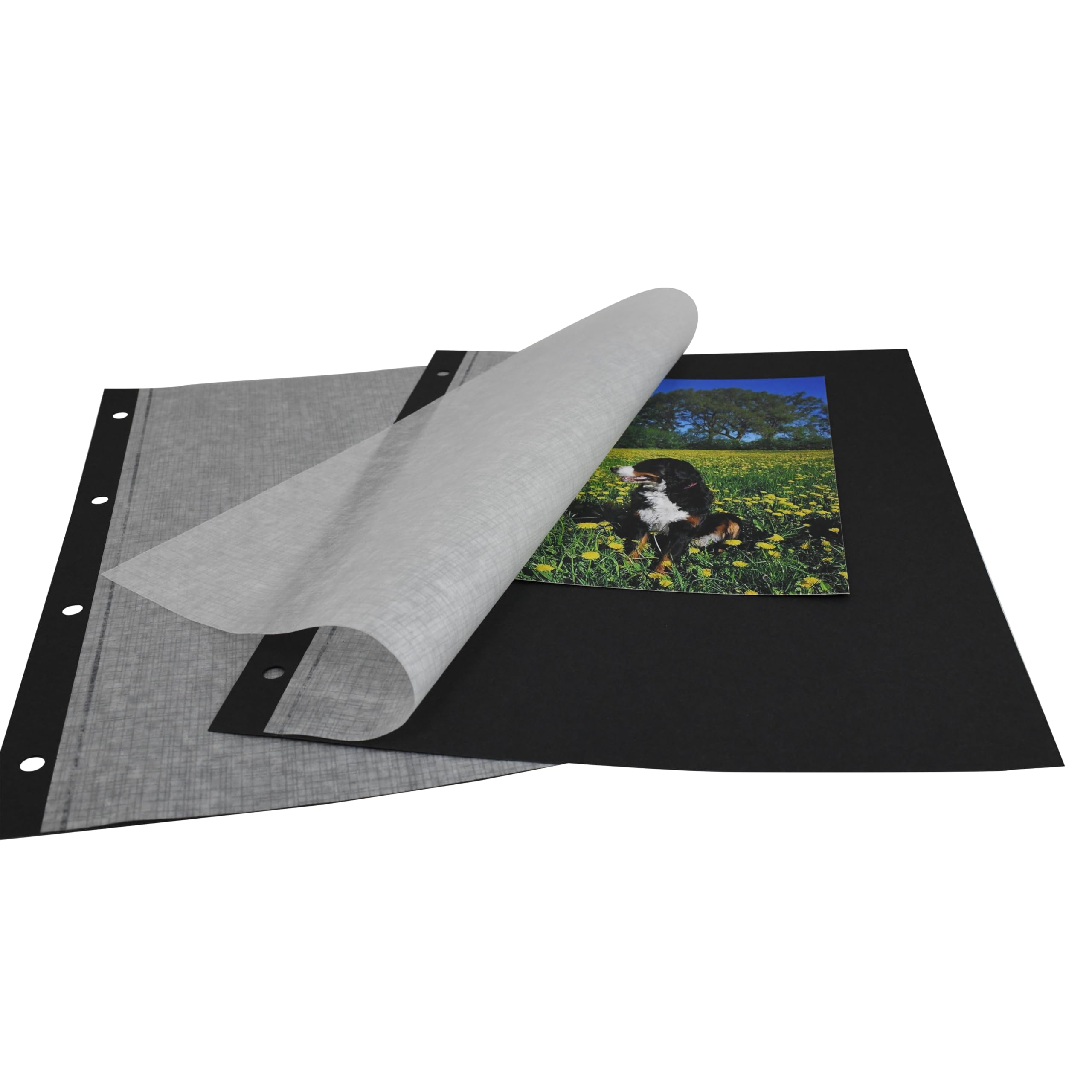 MASHPAPER Kartony fotograficzne, czarne, 230 g/m², 23,2 x 29,7 cm, z pergaminową kartą ochronną, 4-krotne dziurkowanie, arkusze do albumu fotograficznego, 100 arkuszy