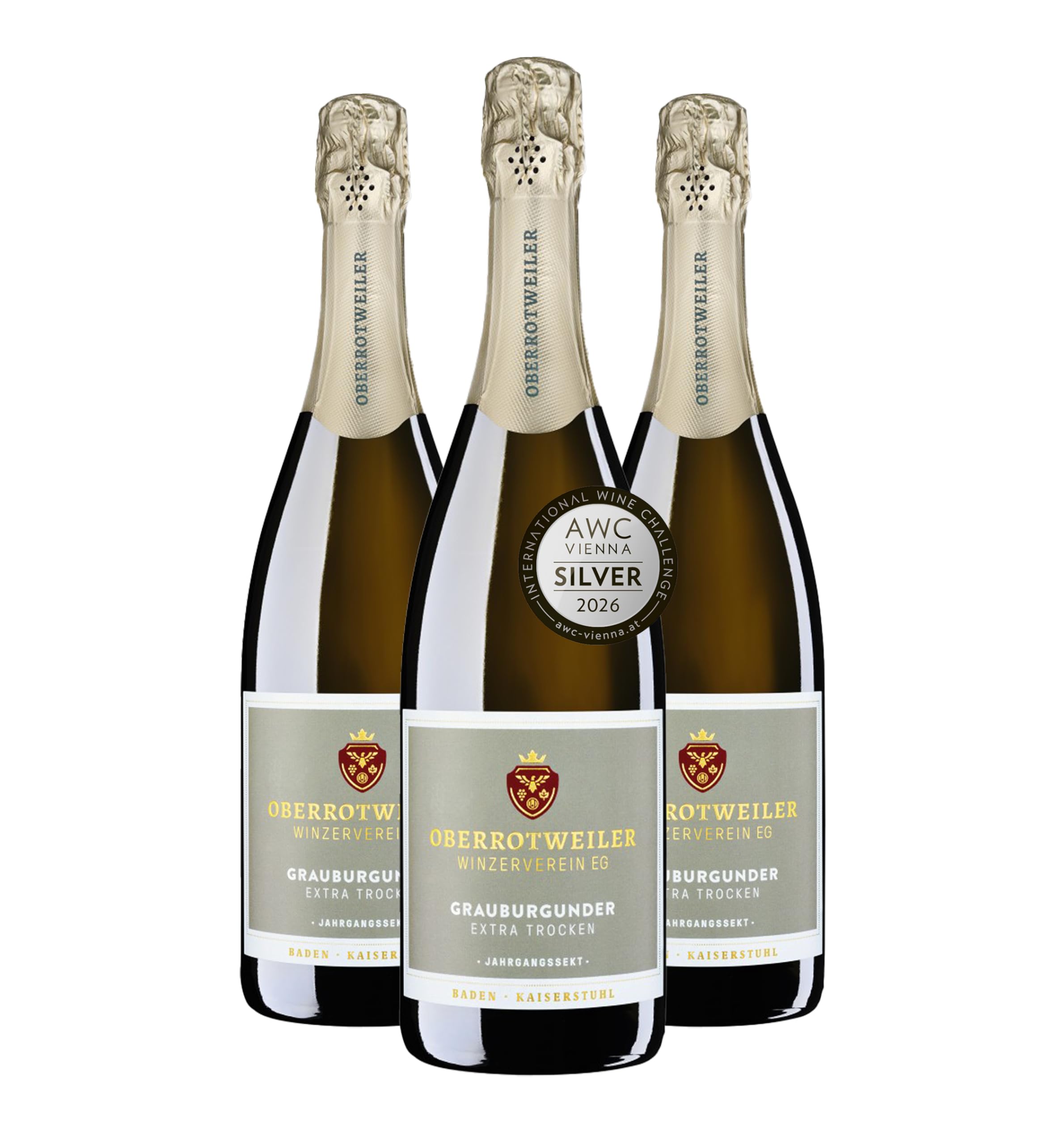 Oberrotweiler Grauburgunder Sekt Extra trocken - SILBER 2026 AWC Vienna - fülliger, kräftiger Geschmack, perfekt als Aperitif - Badischer Winzersekt (3 x 0,75l)