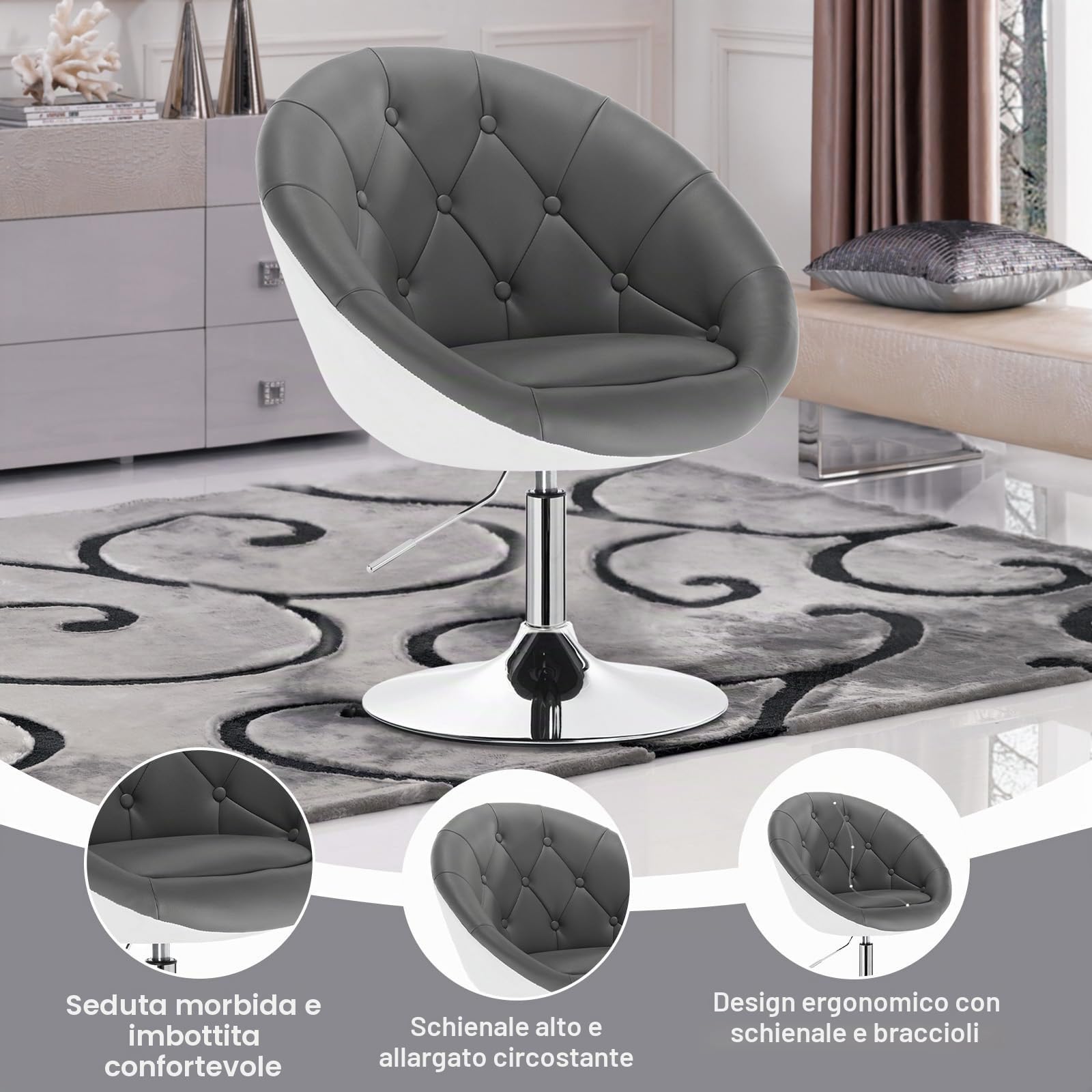 WOLTU Poltroncina da Bar Sgabello Girevole Sedia con Schienale Braccioli in PU Altezza Regolabile Grigio+Bianco