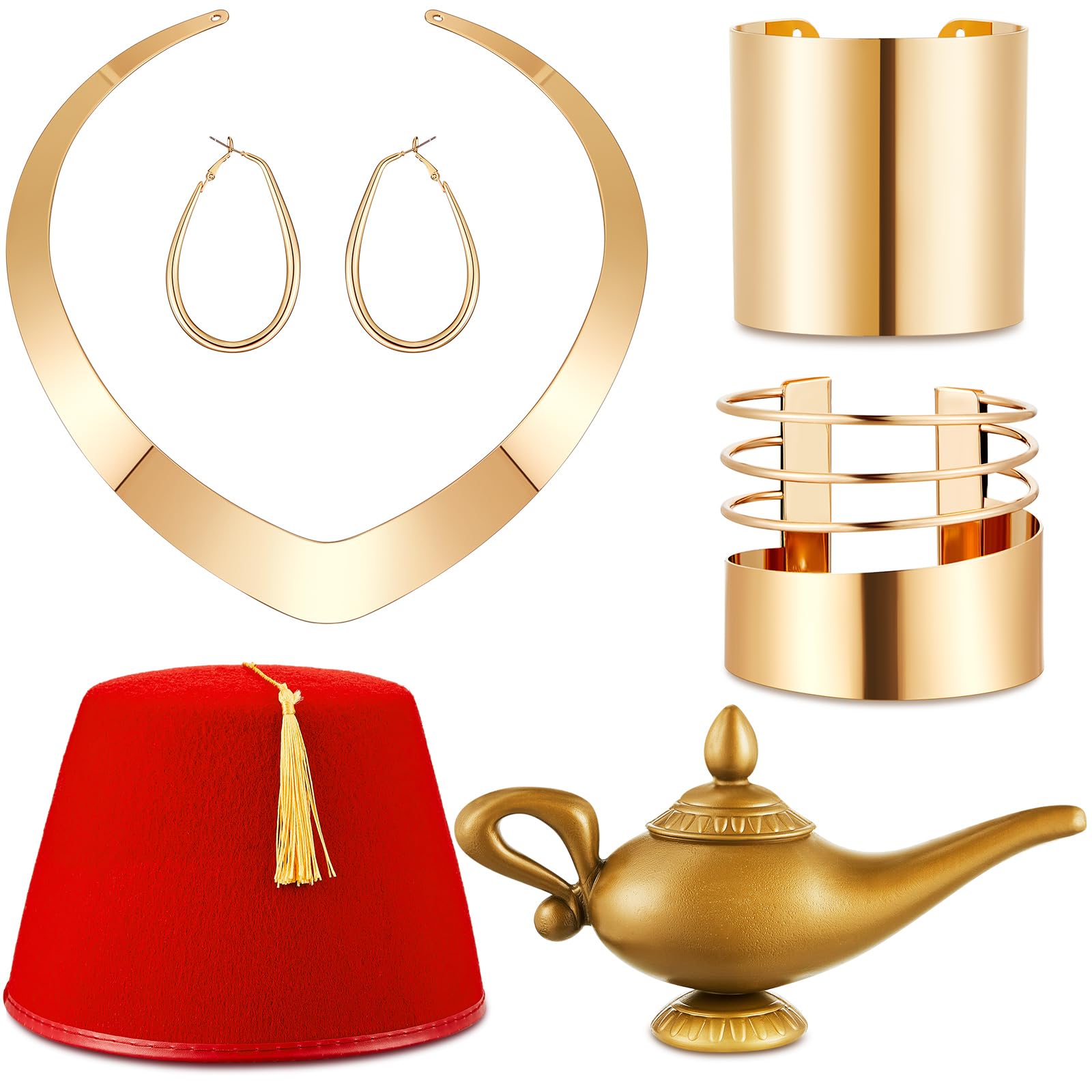 6 Pcs Halloween Arabian Princess Costume Accessories and Arabian Prince Costume Set Halloween Cosplay Include Necklace Earrings Bracelets Hat Lamp for Couple Women Men Cosplay Party Dress up