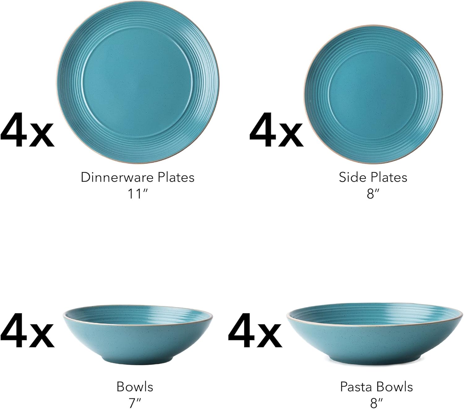 RINGAR Round Stoneware 16pc Double Bowl Dinnerware Set for 4, Dinner Plates, Side Plates, Cereal Bowls, Pasta Bowls - Speckle Matte Turquoise (428525)