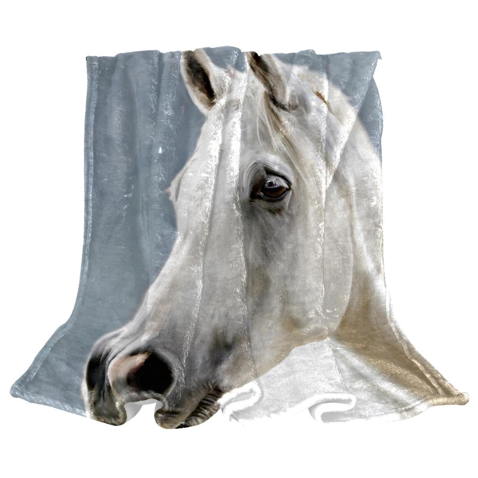 Couverture polaire cheval blanc de 150x100cm pour lit et canapé de salon
