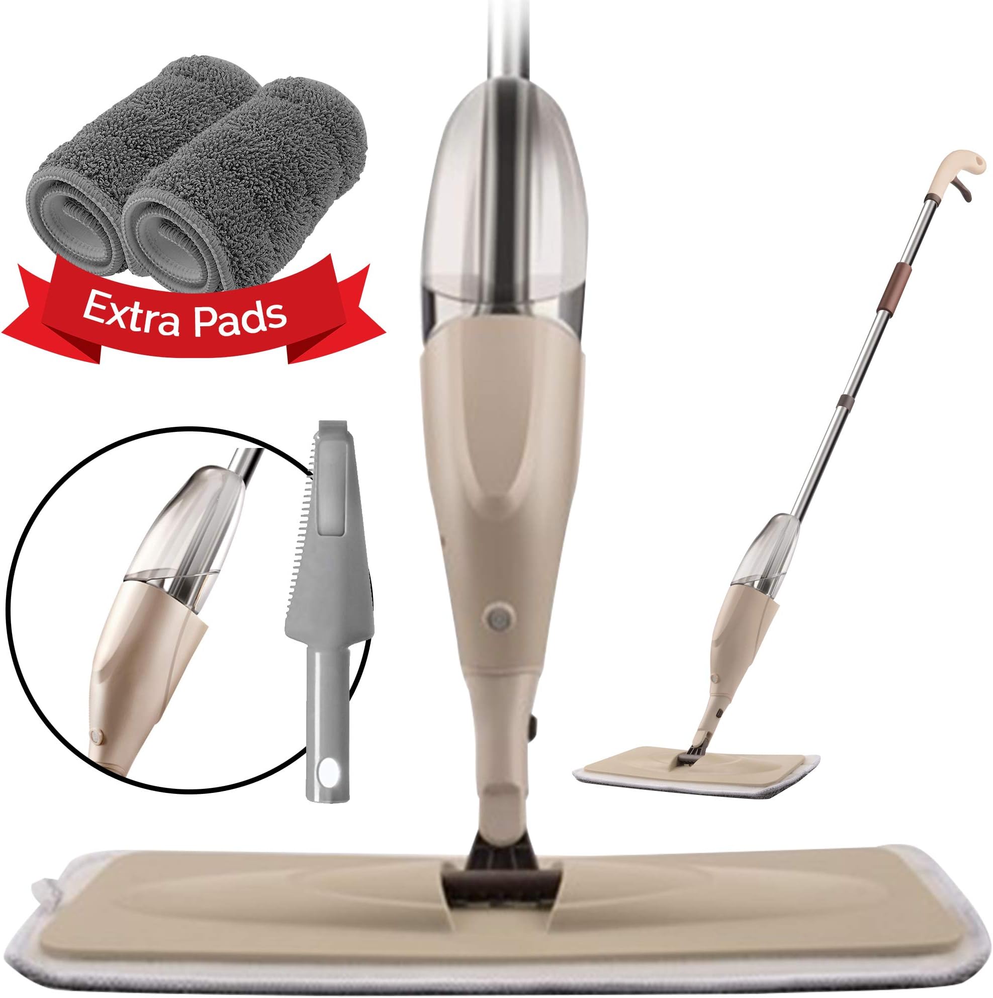 Faramo Floor Spray Mop With 2 Reusable Microfibre Pads, Refillable Bottle & Cleaner Brush / Scraper , For All Types Of Hard Floors - Laminate, Hardwood, Vinyl, Tiles. All Floors & Window Cleaning