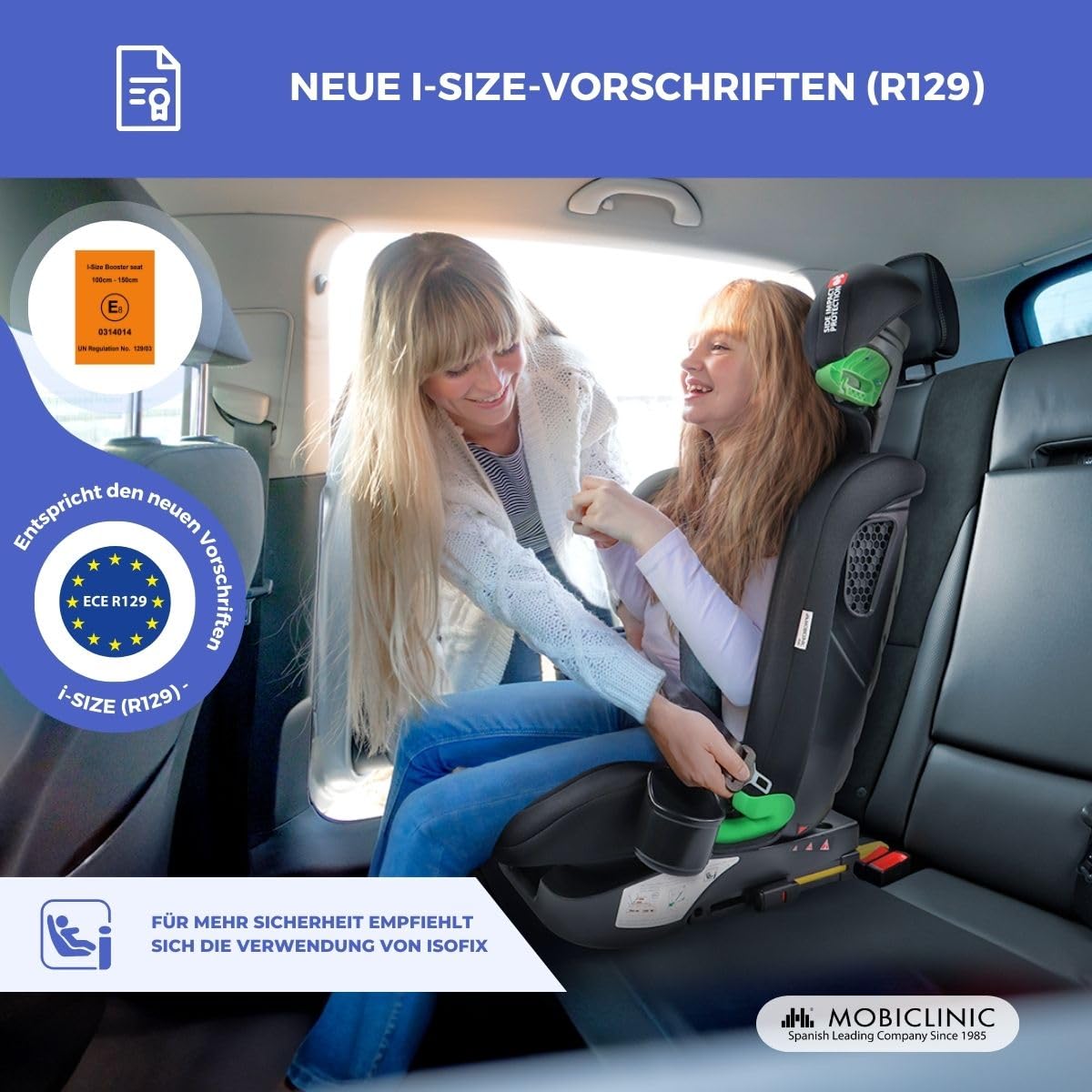 Mobiclinic® kids, Kindersitz, I-size, Isofix, Gruppe 2/3, 36kg, 4-12 jahre, Lionfix max, Entwicklungsfähig, 100-150cm, Seitenschutz, Verstellbare kopfstütze, 3 positionen verstellbar, Getränkehalter