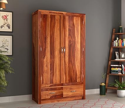 KUSUM HANDICRAFTS Wooden Wardrobe for Clothes | Sheesham Wood 2-Door Wardrobe with 2 Drawer Storage | Solid Wood Large Cupboard Almirah: Storage Cabinet for your living room (Design 10, Large)