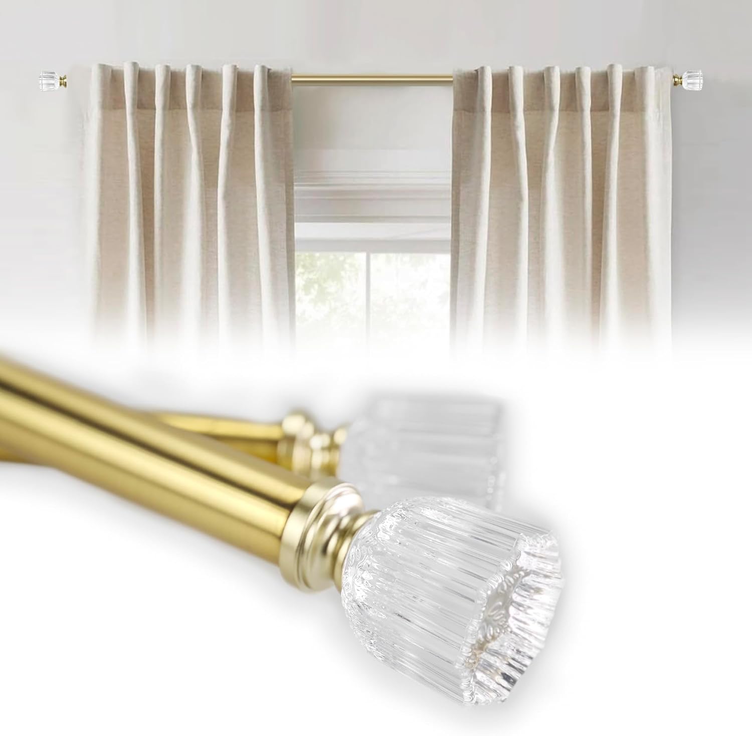 Adjustable 72-144 Inch Brass Gold Curtain Rods for Large Windows 68-140 Inches, 1 Inch Extra Long Decorative Curtain Rods with Crystal Fluted Ends, Single Heavy Duty Drapery Rod for Patio Door
