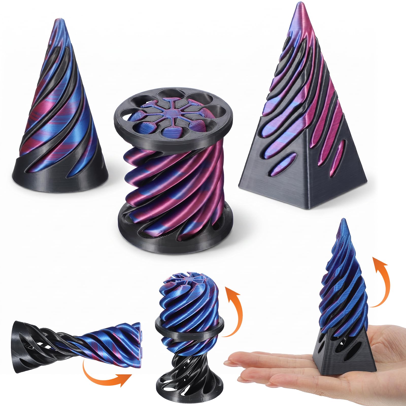 QFGasre 3 Pcs Spiral Cone Fidget Toys, 3D Printed Fidgets Impossible Pyramid Passthrough Toy Desk Deco 3D Printed Cone Fidget Toy Set for Adults Kids Anxiety Relaxing
