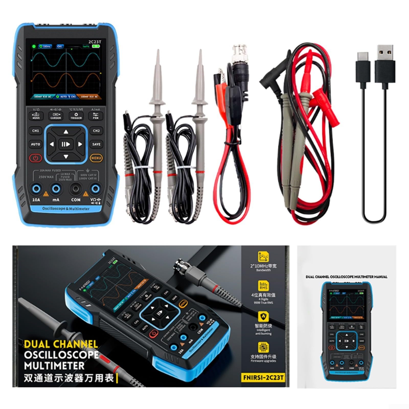 Kit de osciloscopio DIY 2C23T Multímetro de osciloscopio digital de doble canal de mano 2x10 Mhz Generador de señal 3 en 1 (opcional)