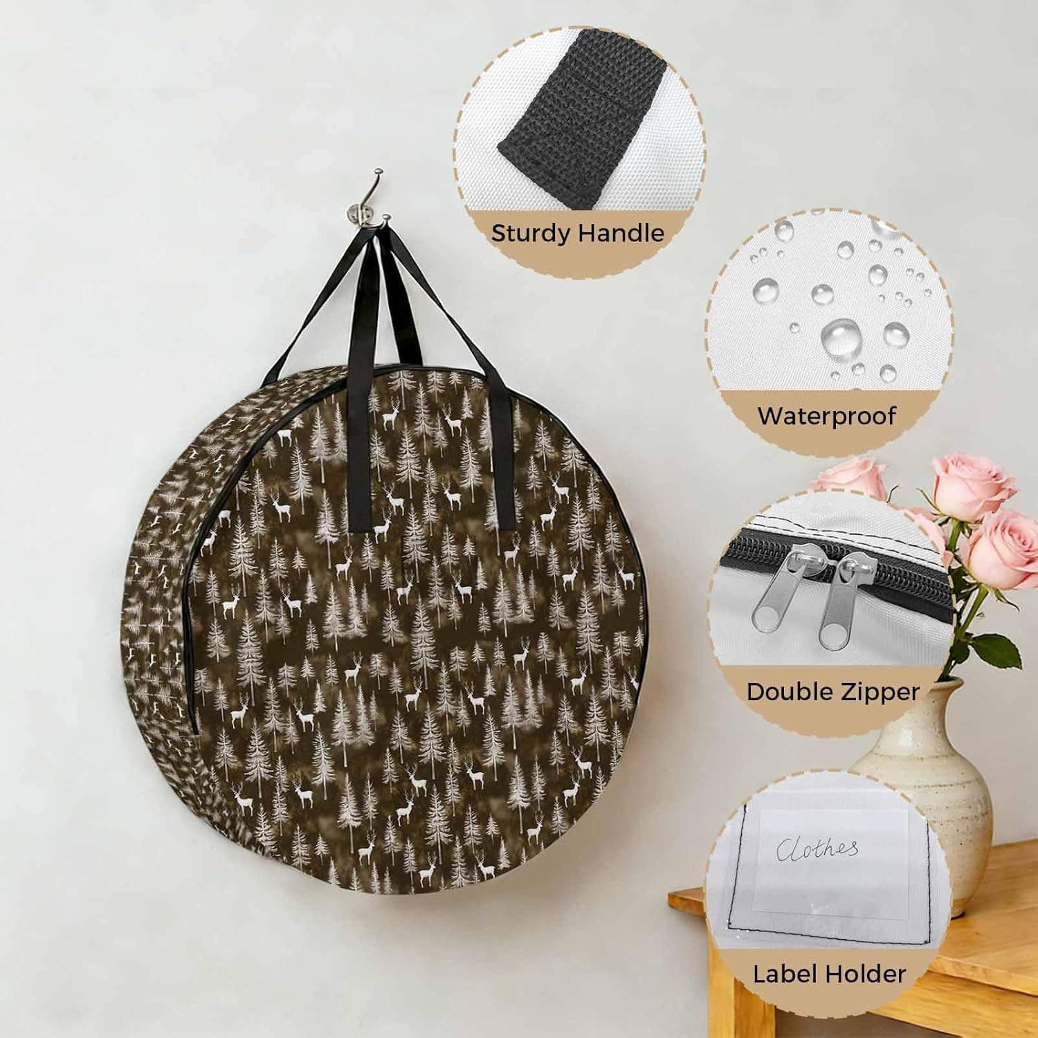 Forest Elk Pine Round Storage Bag 24 Inch, Winter Christmas Dark Brown Background Clothes Storage Container with Handles Heavy Duty Organizer for Comforter, Bedding & Holiday Wreaths