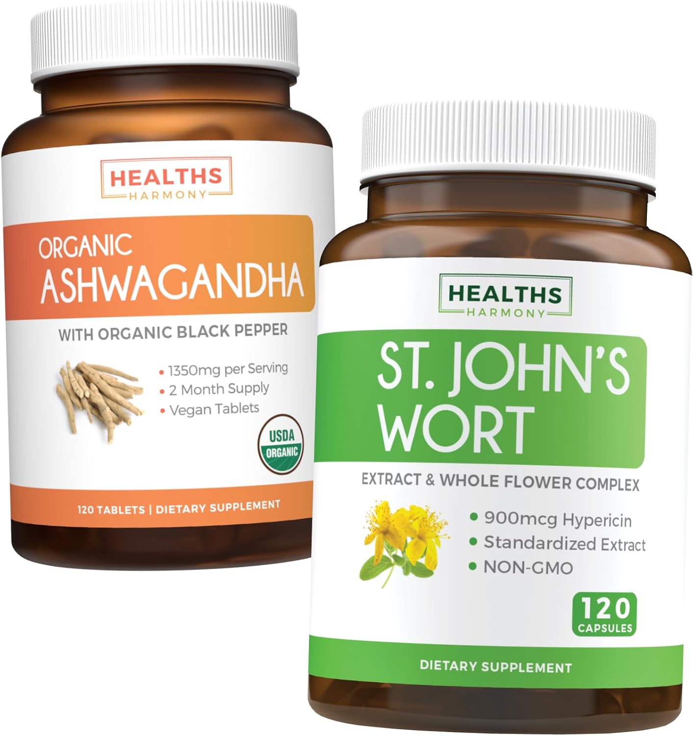 St. John's Wort & Organic Ashwagandha (2-Month Supply) - Herbal Bundle - St. John's Wort - 120 Capsules (Non-GMO) & USDA Organic Ashwagandha -120 Vegetarian Tablets -1350mg Ashwaganda Root