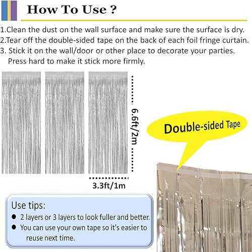 Miniatura 7 de Paquete de 3 cortinas de flecos de papel de oropel plateado, serpentinas, telón de fondo con flecos para Año Nuevo, fiestas de cumpleaños