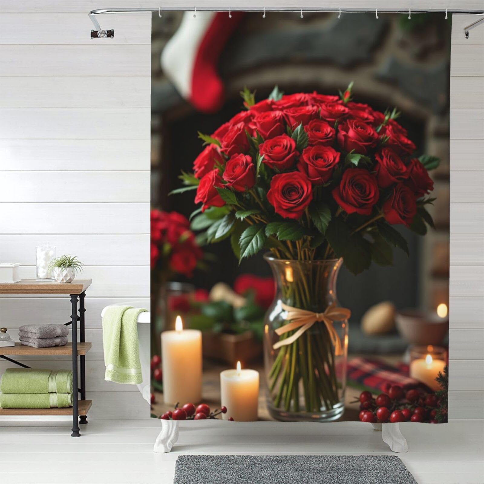 Rideau de douche en tissu épais 152x183 cm lavable motif vase rose rouge n° 549