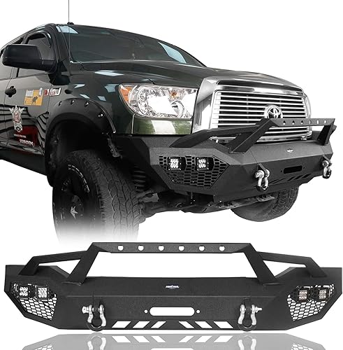 Miniatura 1 de Tundra parachoques delantero de ancho completo con aro y anillos en D y 4 focos LED de 18 W y placa deslizante para camionetas Toyota Tundra
