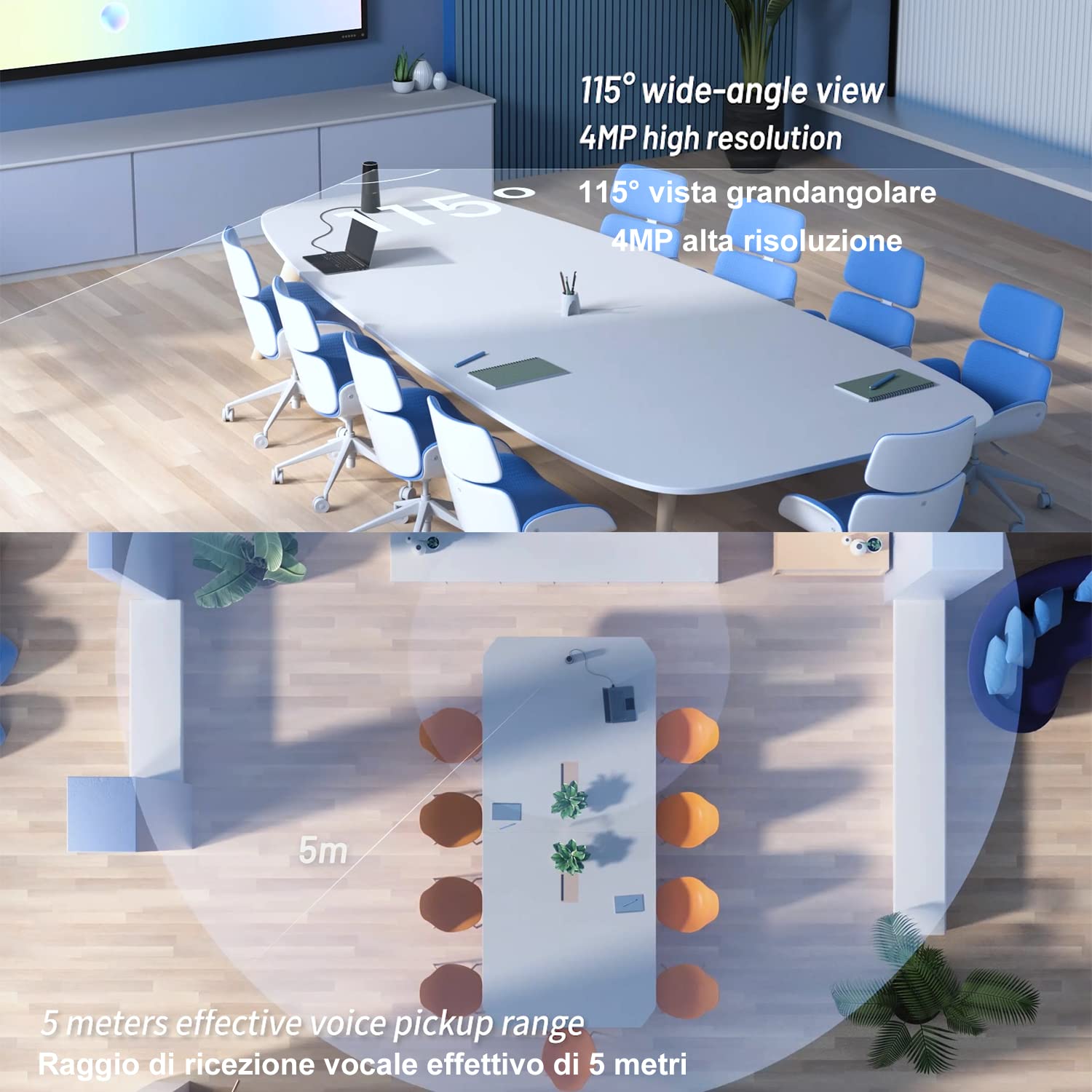 Webcam con Microfono e Altoparlante, All-in-one Webcam Full HD 1080P con ultra grandangolare 110 gradi, Microfoni con riduzione del rumore, Streaming USB plug&play per Zoom PC/Desktop, Nero