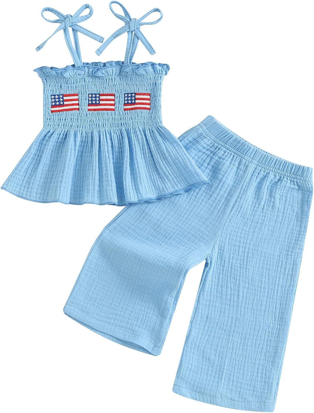 Kuriozud 4th of July Outfit Toddler Baby Girl Independence Day USA Clothes Summer Smocked Tank Top Wide Leg Pants Set