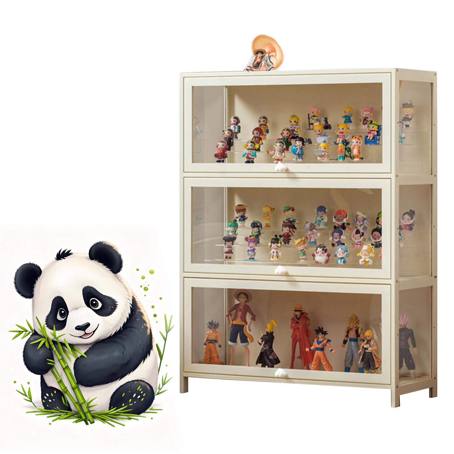 Floor Standing Showcase,Toys Display Case, Acrylic Transparent Curio Cabinet,flip-top Door Design, Natural Bamboo Frame,for trophies,souvenirs White-80×33×106cm(3 layer)