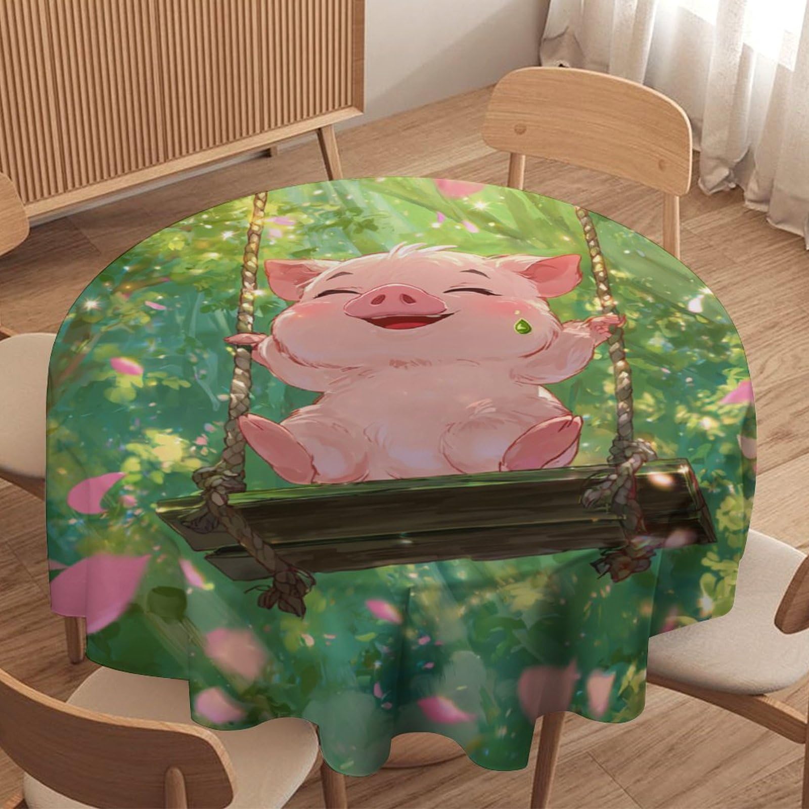 LUYYSKY Pink Cute Cartoon Pig Round Tablecloth Beautiful Oil Painting Spring Forest Animals Pig Print Washable Decor for Table Cover for Kitchen-127 Wx127 L cm
