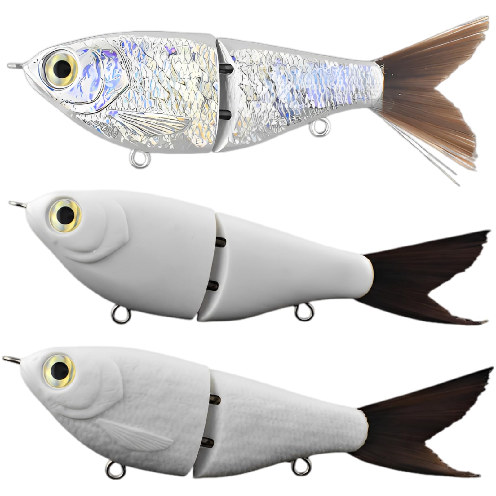 Lot de 3 leurres de pêche articulés, swimbait segmenté de 120 mm, Queue en Fourrure, Motifs ondulés imprimés à Chaud, pour Bar, Truite, Saumon, Corps Rigide en ABS pour pêche en mer