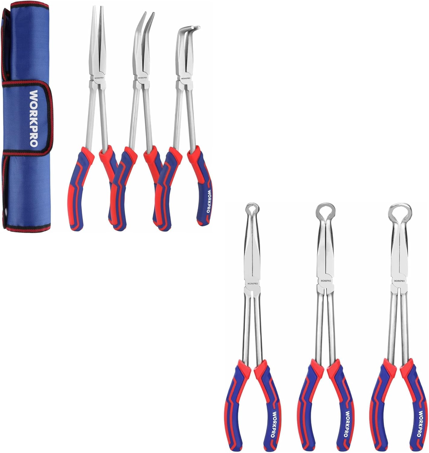 WORKPRO 3PC Long Reach Pliers Set and 3-Piece Long Reach Hose Grip Pliers Set