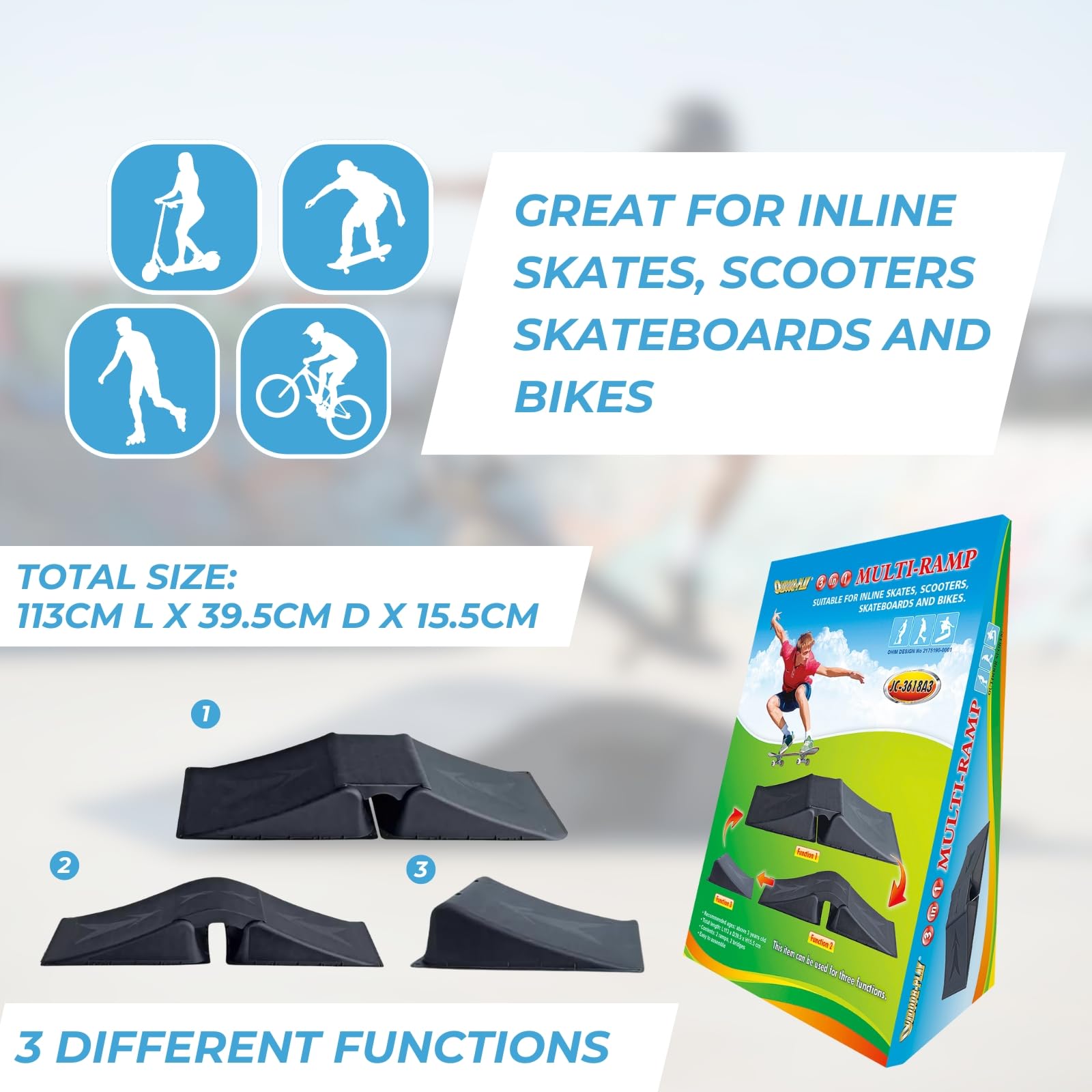 Outdoor Play Rampa da pattinaggio con tre funzioni, per skateboard, pattini in linea, pattini a rotelle, biciclette, auto RC, BMX, pattini. Non adatto per scooter o monopattini