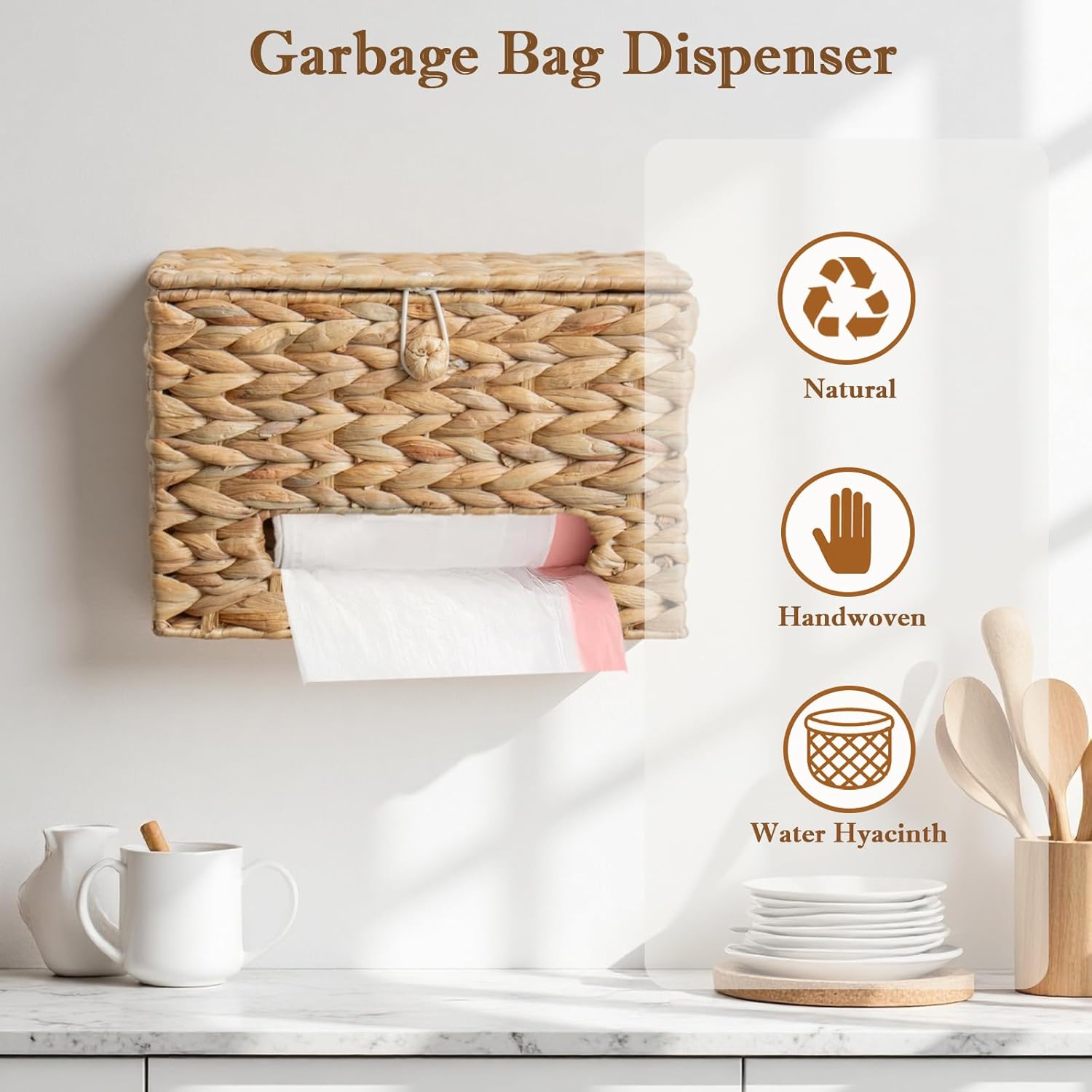 Wicker Trash Bag Holder Dispenser for 13 Gallon with Lid Wall Mount Natural Water Hyacinth Handwoven Garbage Plastic Bags Holder Grocery Storage Organizer Cabinet for Kitchen, Large