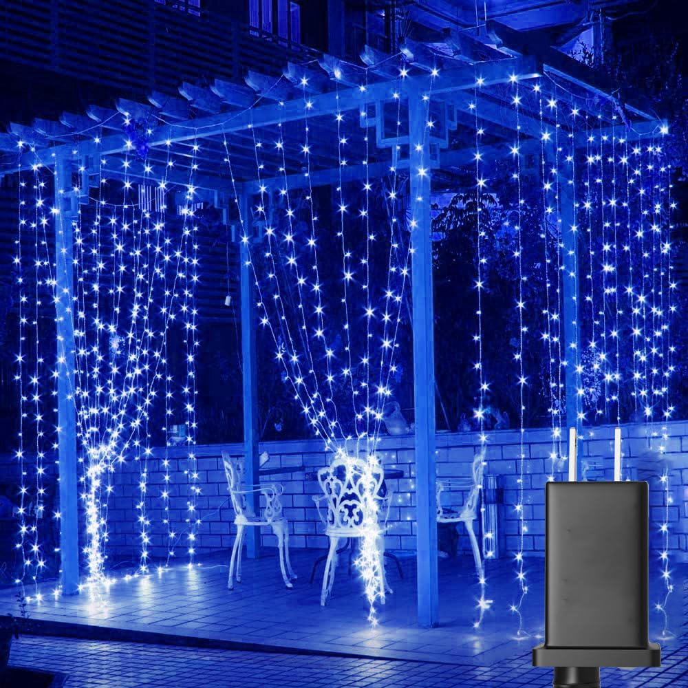 Solhice LED Curtain Lights Blue Outdoor 20ft x10ft, 600 LED Plug in Christmas Hanging String Lights Indoor, Twinkle Lights Backdrop for Backyard Wedding Bedroom Décor (Not Connectable)