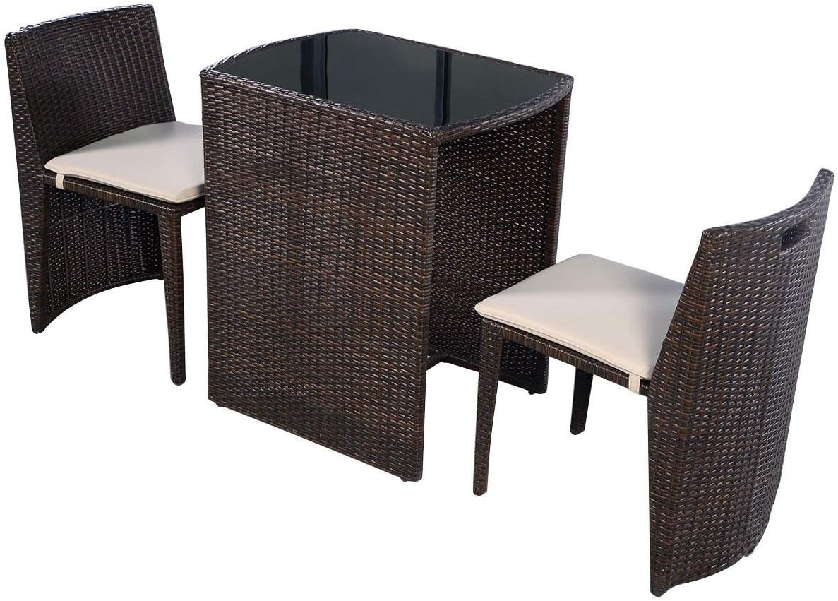 COSTWAY Garden Lawn Sofa Furniture Brown 3 PCS Cushioned Outdoor Wicker Patio Convention Bistro Set