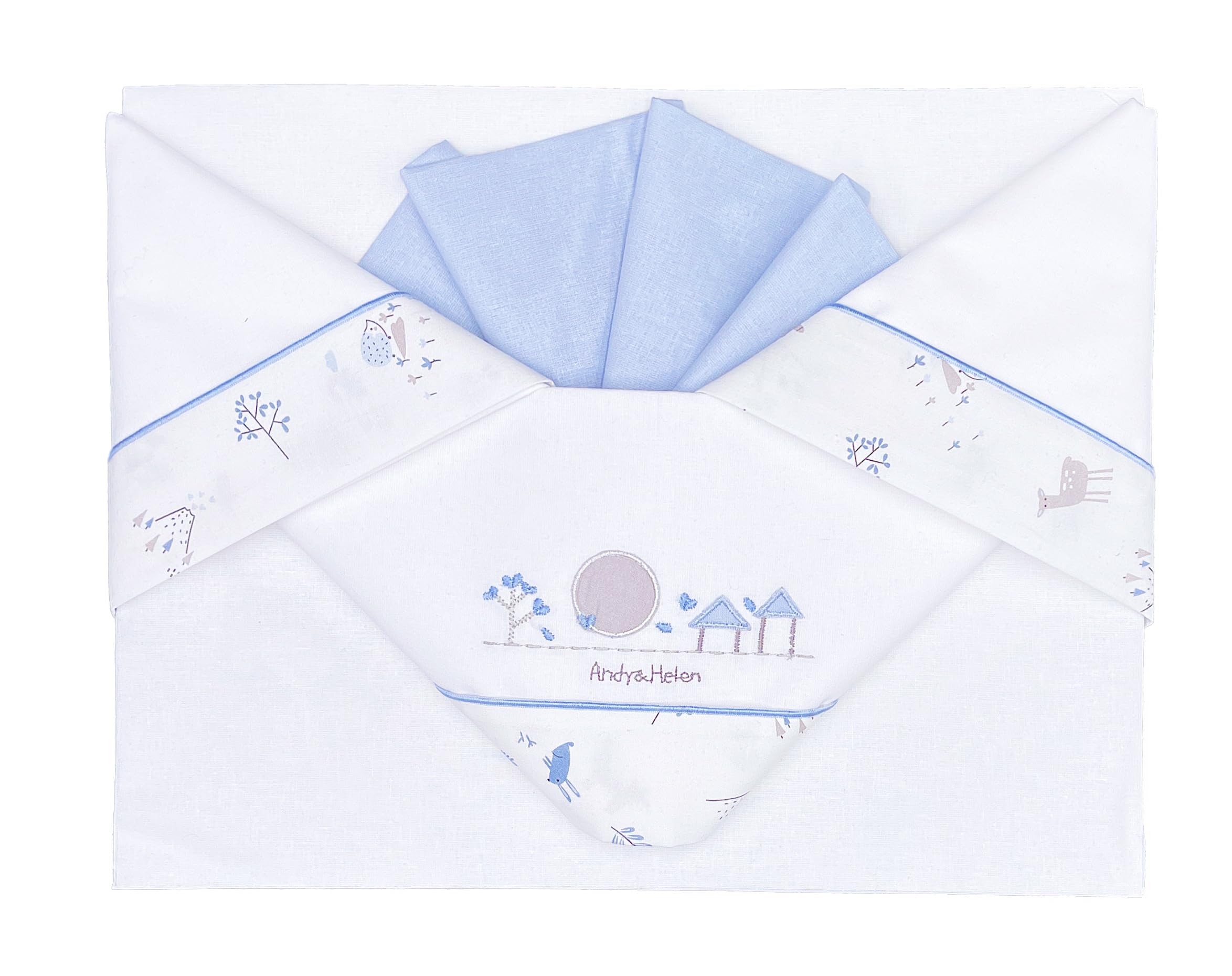 ANDY & HELEN Complete 3 Piece Cot Bed Sheet Embroidered + Elastic Bottom Sheet and Pillow Case Suitable for Cots Carrycot and Pram