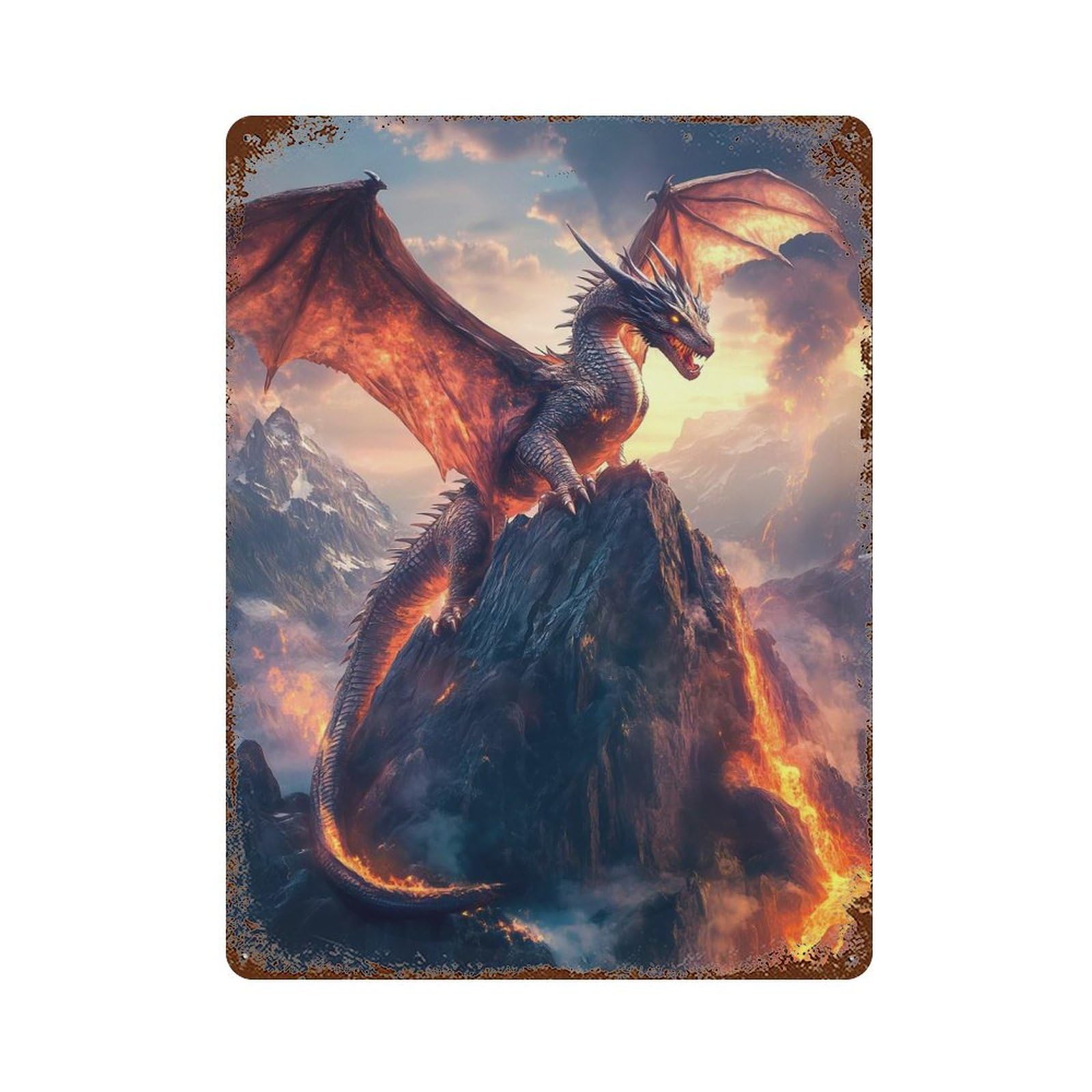 Vintage Rust Metal Sign with Fiery Dragon on Volcano Design 15.7"x11.8", for Garage, Bar And Workshop Decor, Retro Wall Decor