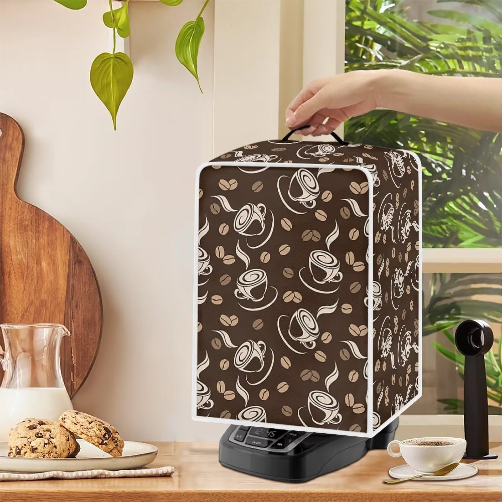 Produktbild von Wiederverwendbare Kaffeemaschinen-Abdeckung – Staubdicht, Kariert, Schwarz, Aus Polyester, Für Küchengeräte, Praktisch & Dekorativ