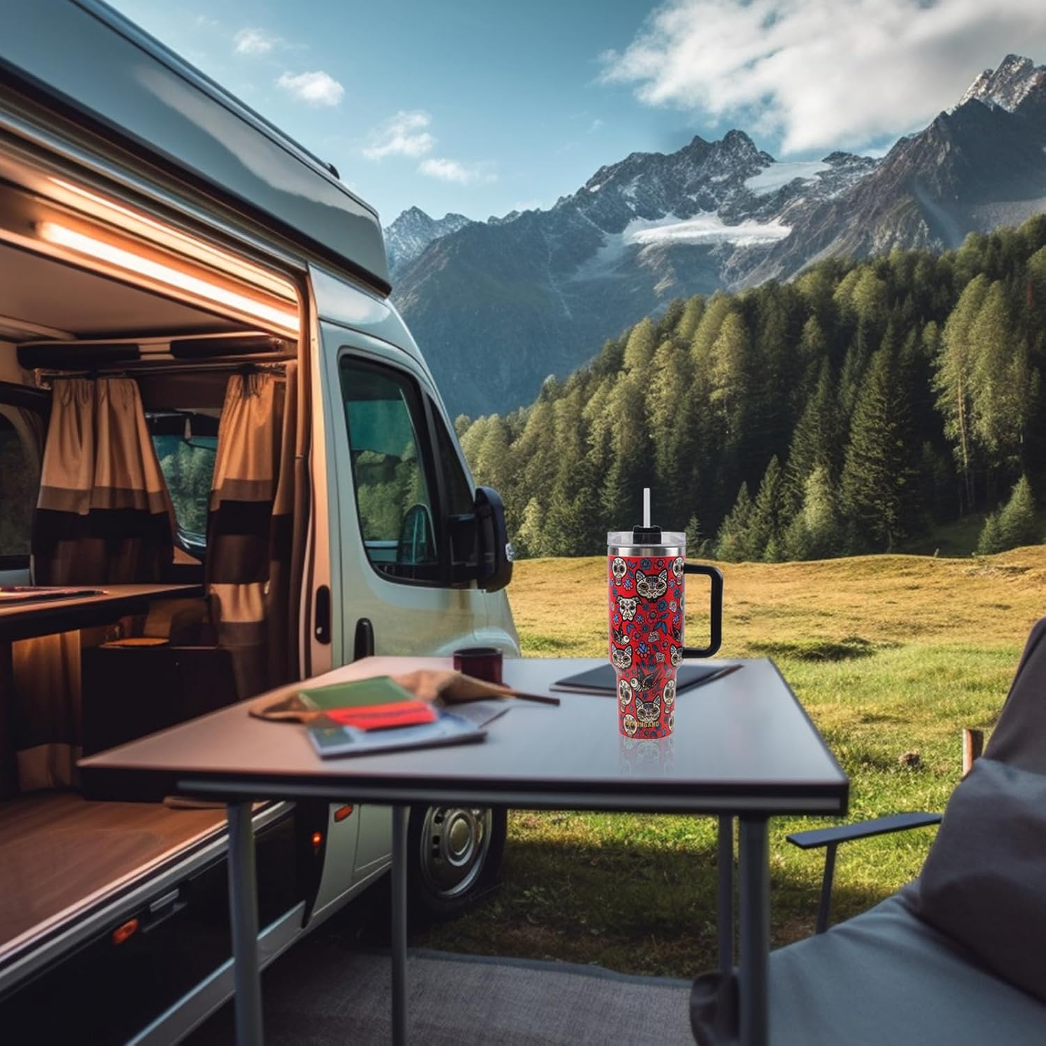 Jormungand 40 oz Tumbler with Handle and Straw Stainless Steel Vacuum Insulated Water Bottle for Hot or Cold Beverages Coffee Mug with Leak Proof Lid Gift for Women&Men Red Sugar Skull - Image 6