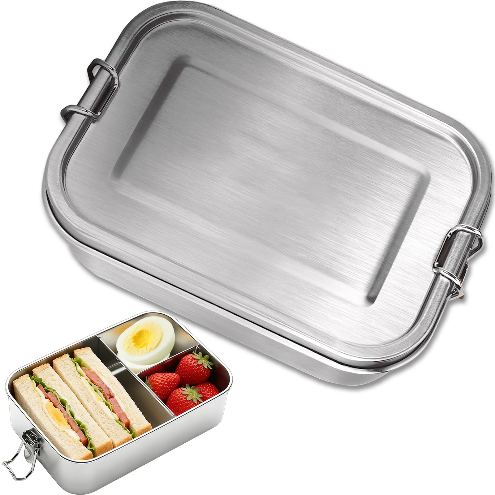 Houbobo Bento Box for Kids and Adults, 1200ML Leak-Resistant Bento Lunch Box, Stainless Steel Food Container with 3 Compartments for School, Picnics & Travel, Dishwasher-Safe Meal Prep Containers