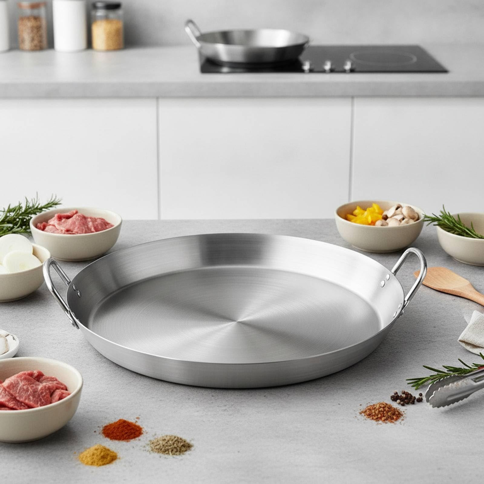 Poêle Ronde En Acier Multifonctionnelle Poêle à Frire Poignées Passe Au Fr Usteile Cuisine pr Repas Familiaux, 45CM