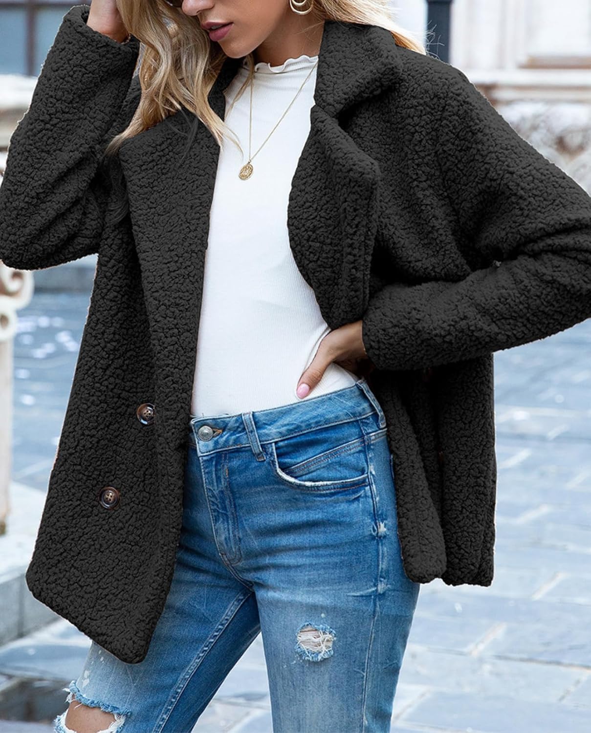 Women's Winter Warm Plush Cardigan Fuzzy Fleece Lapel Jacket with Buttons Pockets Long Sleeve Casual Outerwear - Image 5