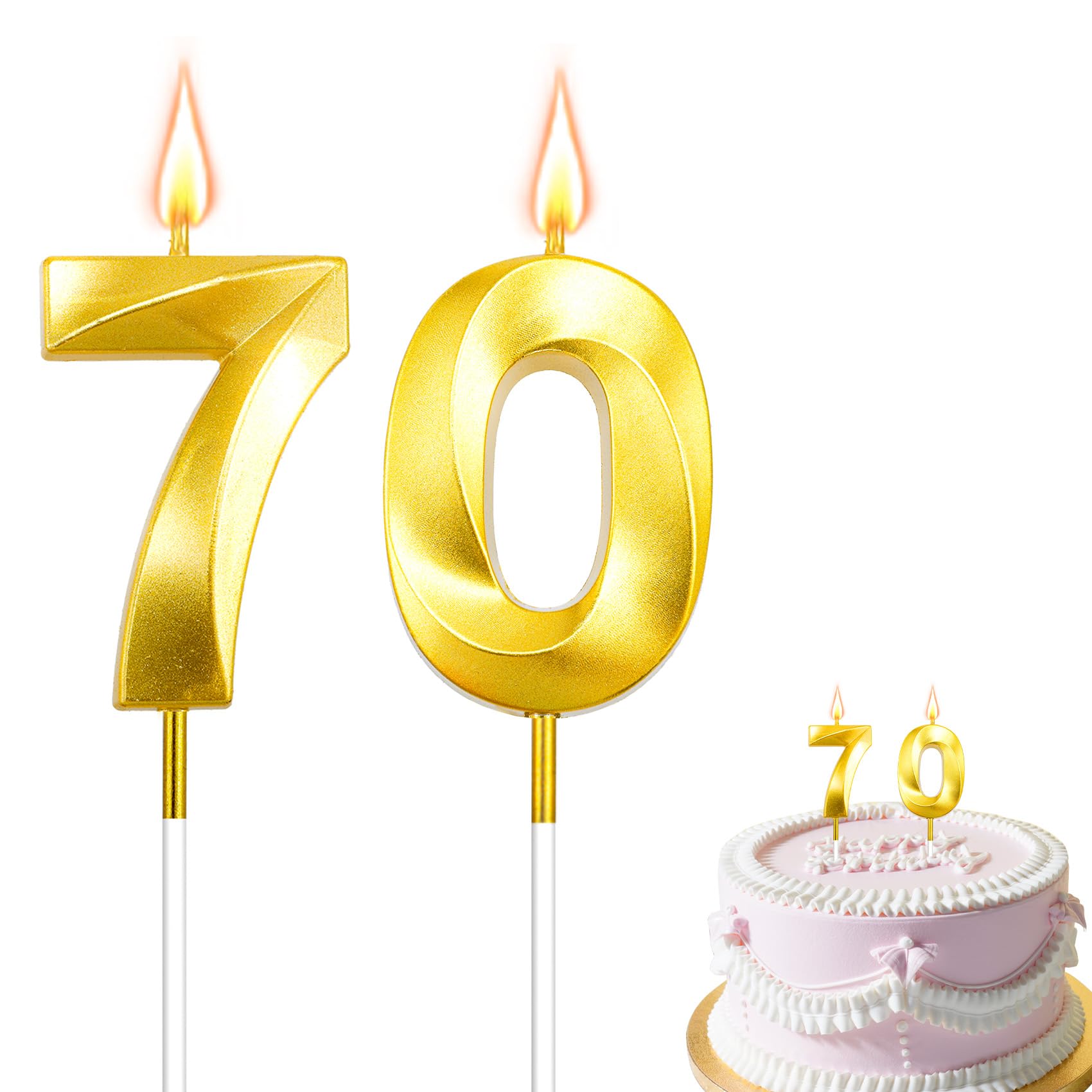 70th Birthday Candles, Gold Number 70 Candles, Happy Birthday Candle for Cake, 3D Designed Number Cake Toppers Decorations for 70th 70 Year Old Women