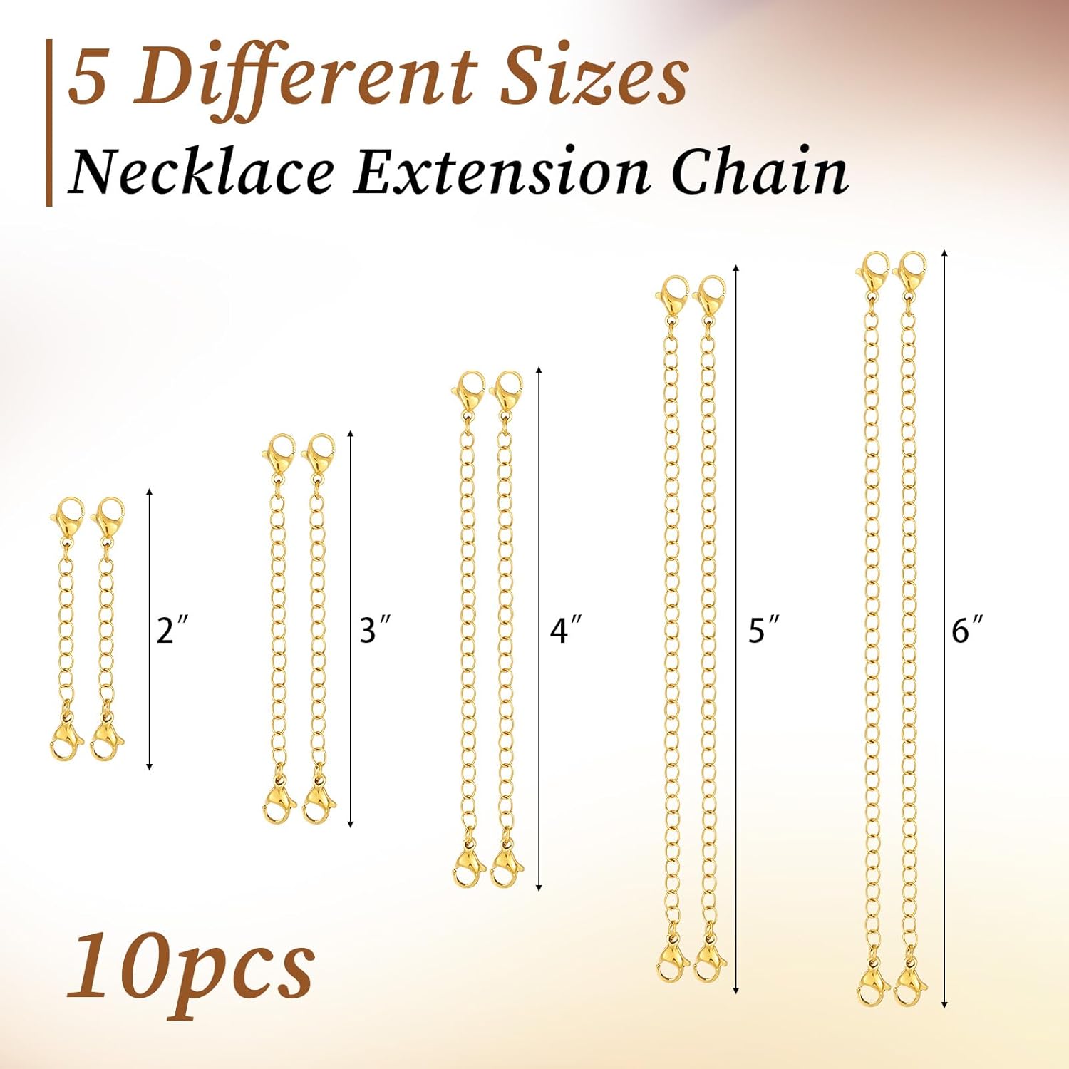 Gold Chain Extenders for Necklaces, 10PCS Stainless Steel Necklace Extenders, Adjustable Lobster Clasp Extender Chains for Necklaces, Bracelets, Anklets (Assorted Sizes 2-6 Inch) - Image 2