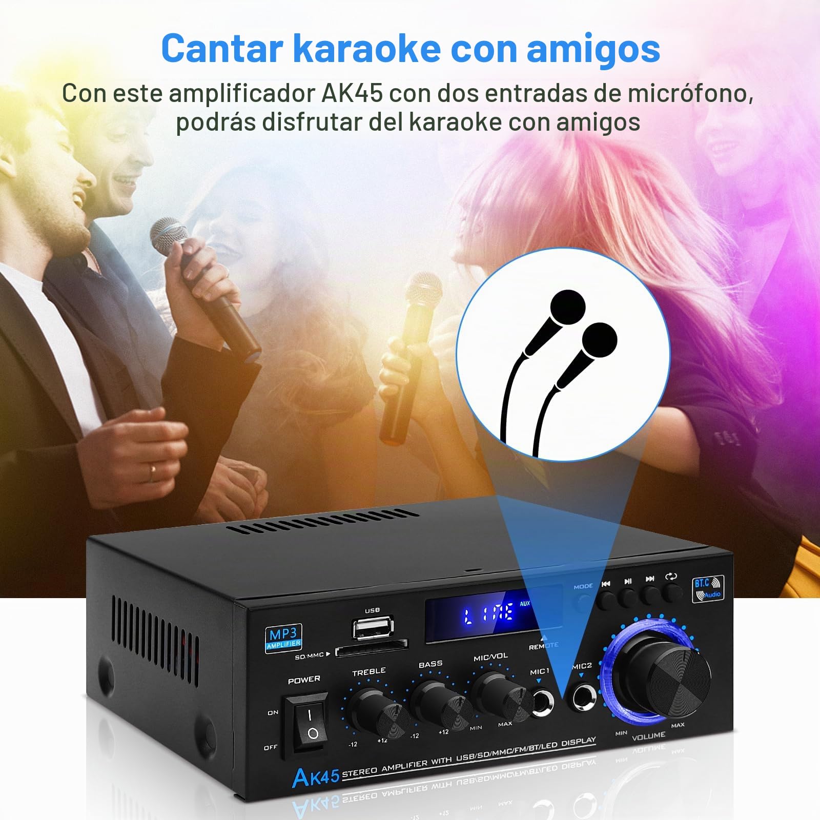 Amplificador de Audio HiFi Siekkey con Bluetooth, Mini Amplificador Estéreo 2.0 Canales 400W X 2, Radio FM, BT, Mic, Entrada SD/USB, Cable de Audio para Home Cinema | Amplificador 2.0 canales 400W x 2 con radio FM, BT MIC, entrada SD/USB, cable de audio p