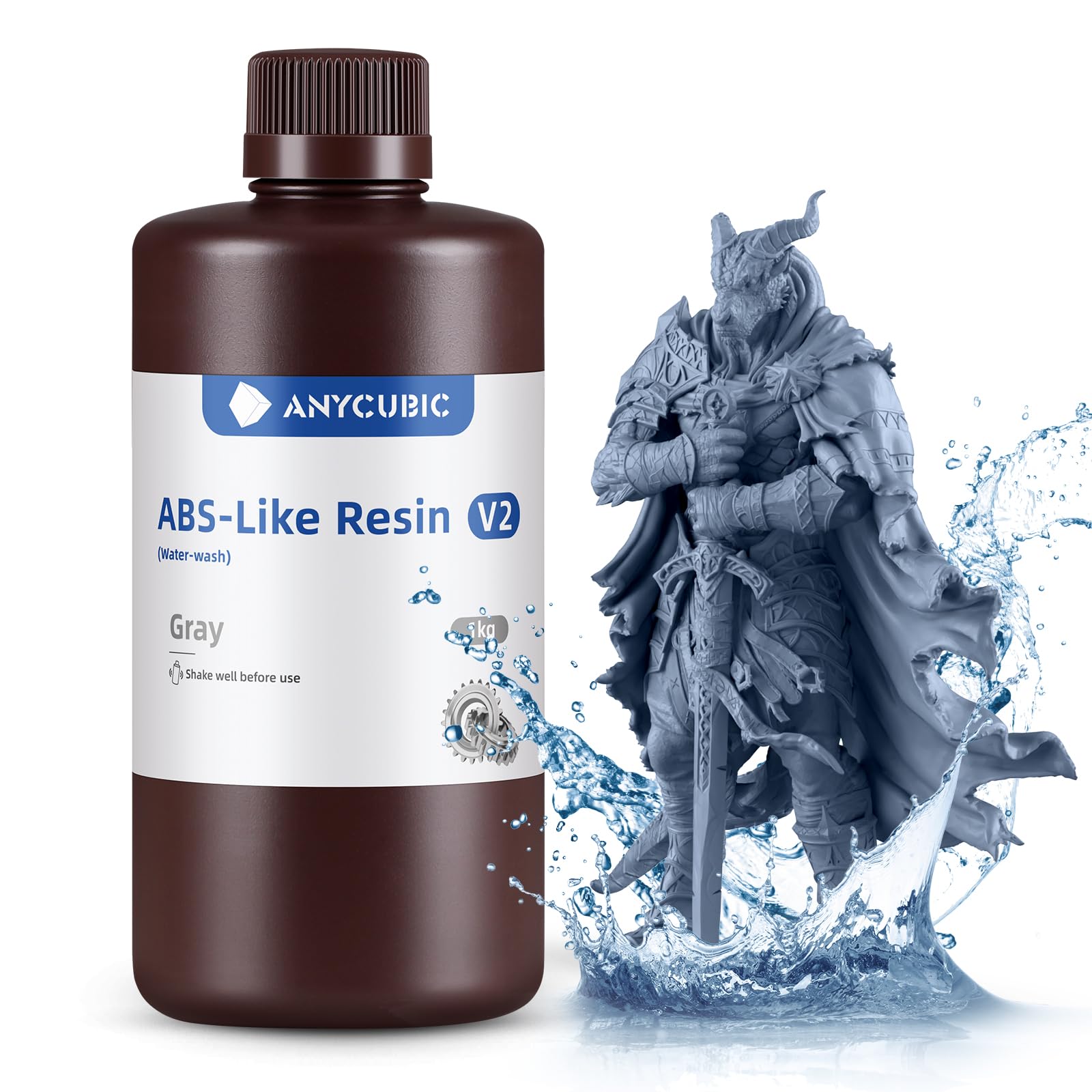 ANYCUBIC Resina Lavabile in Acqua ABS-Like V2 per Stampante 3D, con Alta Precisione e Facilità di Post-elaborazione, Basso Odore, Ampia Compatibilità per Stampanti 3D a Resina LCD (Grigio, 1kg)