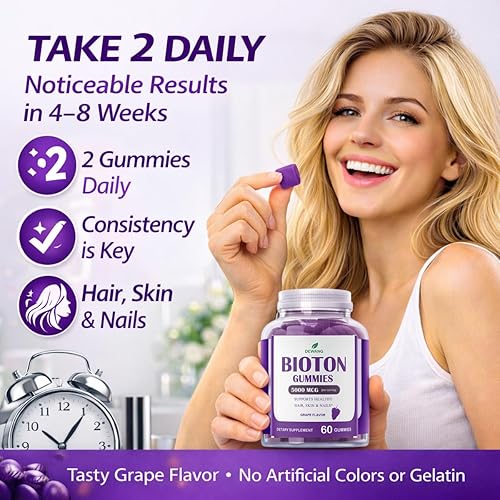 Miniatura 4 de DEWANG Vitaminas para el cabello, la piel y las uñas, biotina, 5000 mcg con vitamina E, C y zinc, vitaminas para el crecimiento del cabello para