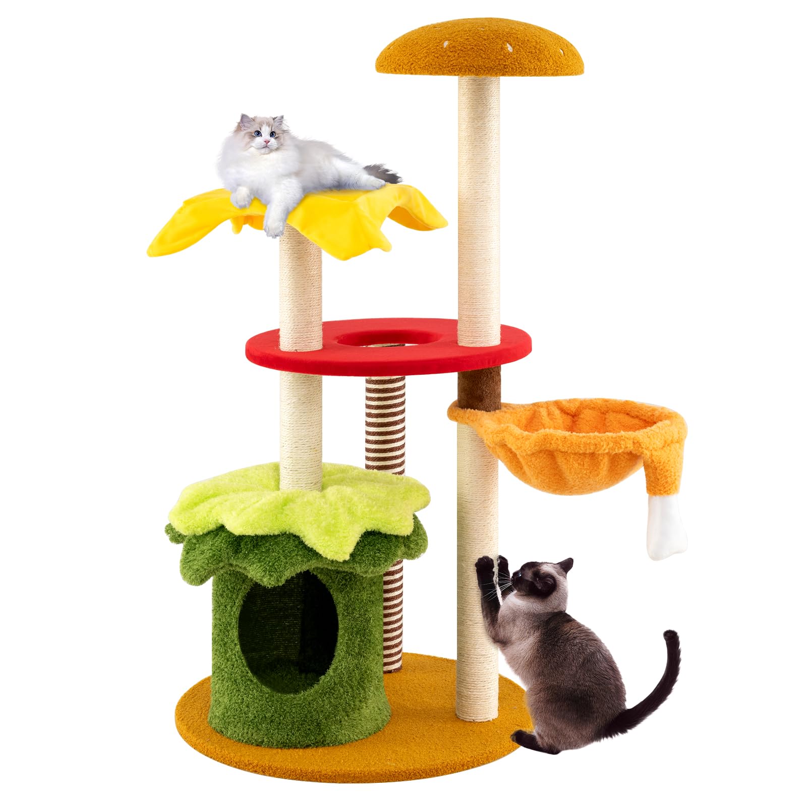 GYMAX Árbol para Gatos con Tema Hamburguesa 117 cm, Árbol de Varios Niveles con Cama Cesta, Posadero Acolchado, Condo, Rascadores de Sisal, Plataformas, Juguete Colgante