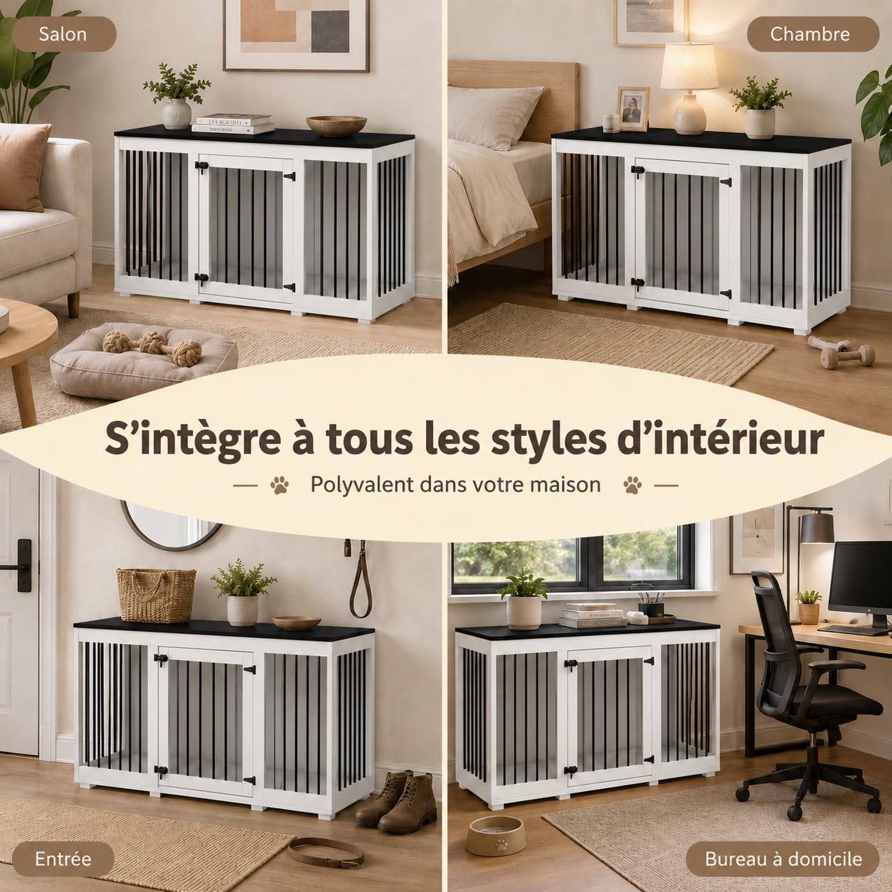 Cage pour Chien XXL 136cm pour Très Grands Chiens – Meuble Cage 2 Portes, Charge 50kg & Décor Métal Noir, 70cm de Haut – Niche Style Buffet pour Salon, 136×70×56cm, Blanc-Noir