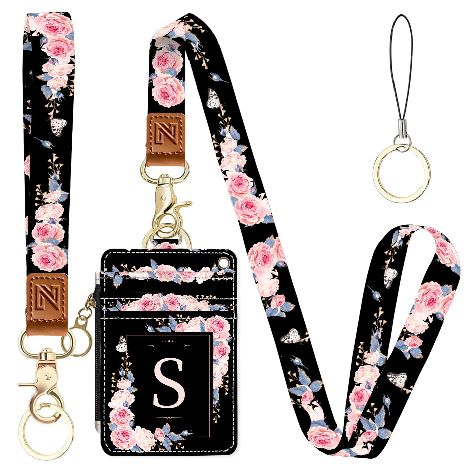 A-Z Letter 2-in-1 ID Badge Holder & Lanyard Wallet for Teachers,Nurse,Professionals-Cute Zippered Coin Pouch,Removable Wristlet & Neck Lanyard,5 Card