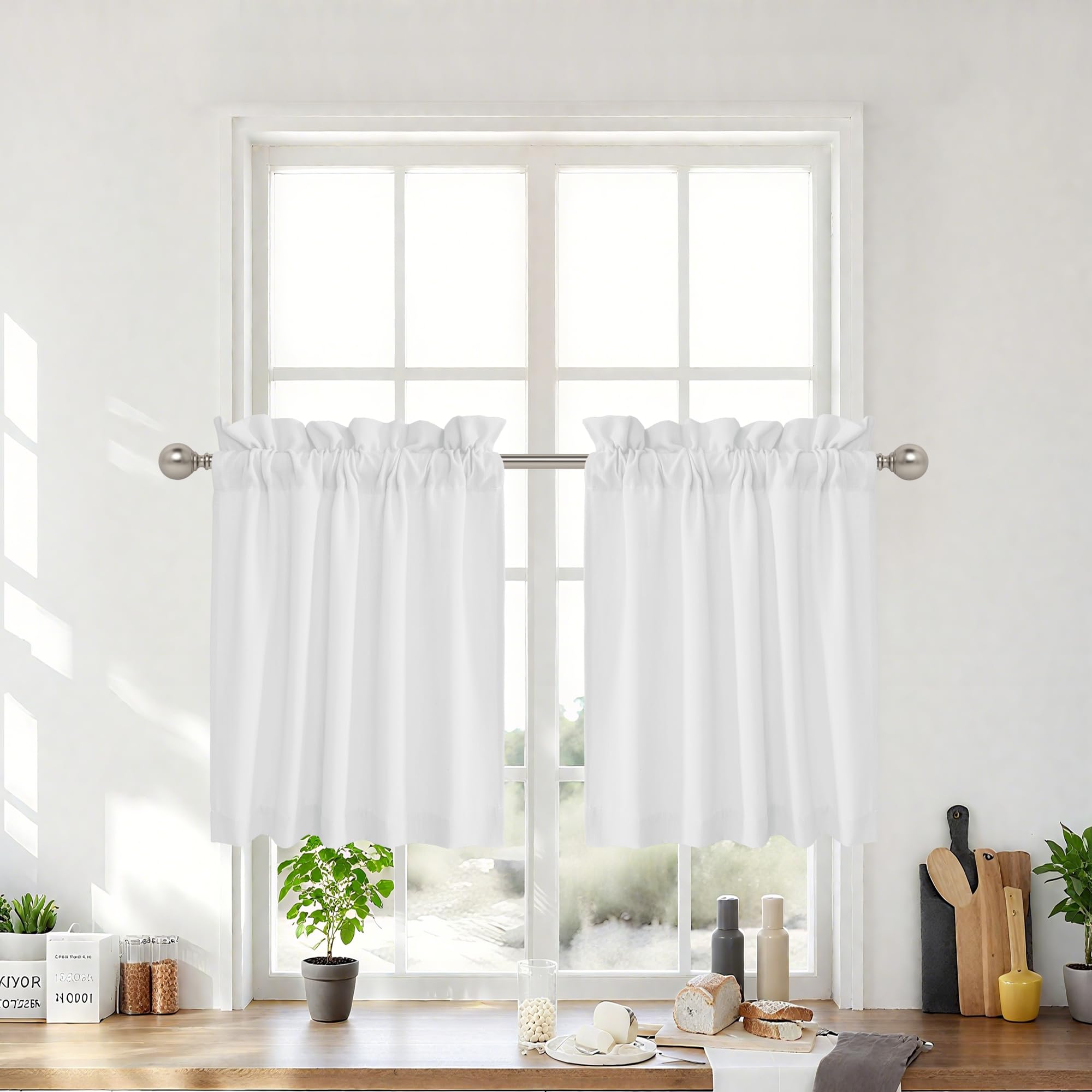 RYB HOME Short Cafe Curtains Faux Linen Blended Light Filtering Privacy Protect Small Window Treatment for Living Room Bathroom, Rod Pocket, White, 2 Panels, W 26 x L 24 inch