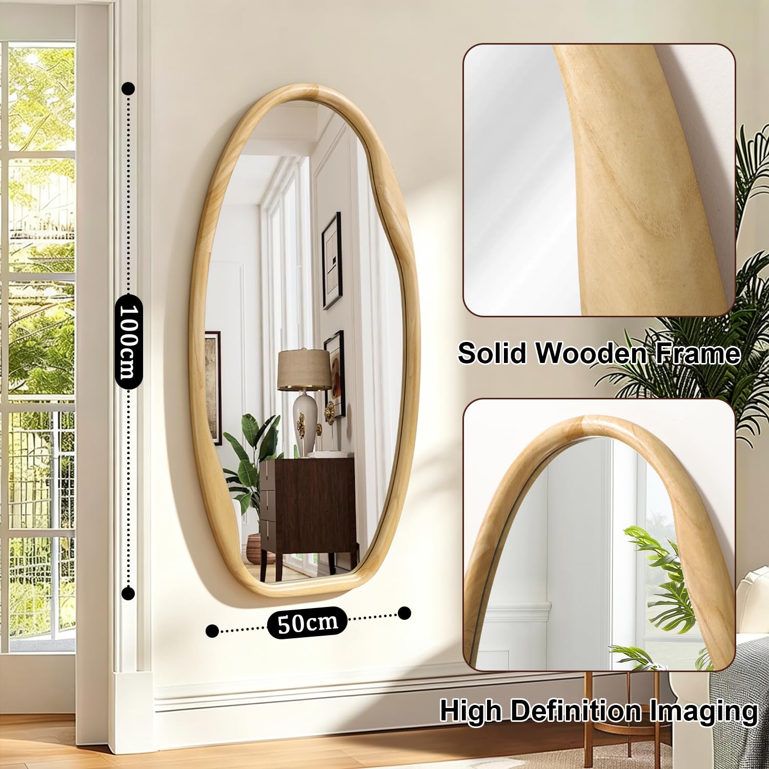 JJUUYOU Espejo de pared con marco de madera irregular, espejos asimétricos para pared, 100 x 50 cm, espejo decorativo de madera para colgar en baño, dormitorio, sala de estar, guardarropa, entrada