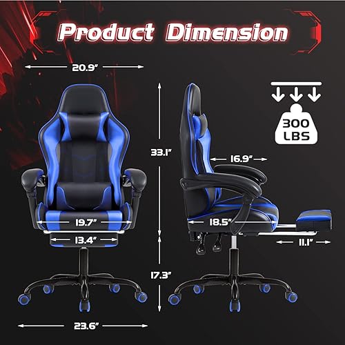 Miniatura 3 de Reposapiés y soporte lumbar de masaje, sillas de videojuegos, asiento ajustable en altura con reposacabezas para oficina o dormitorio, sala de