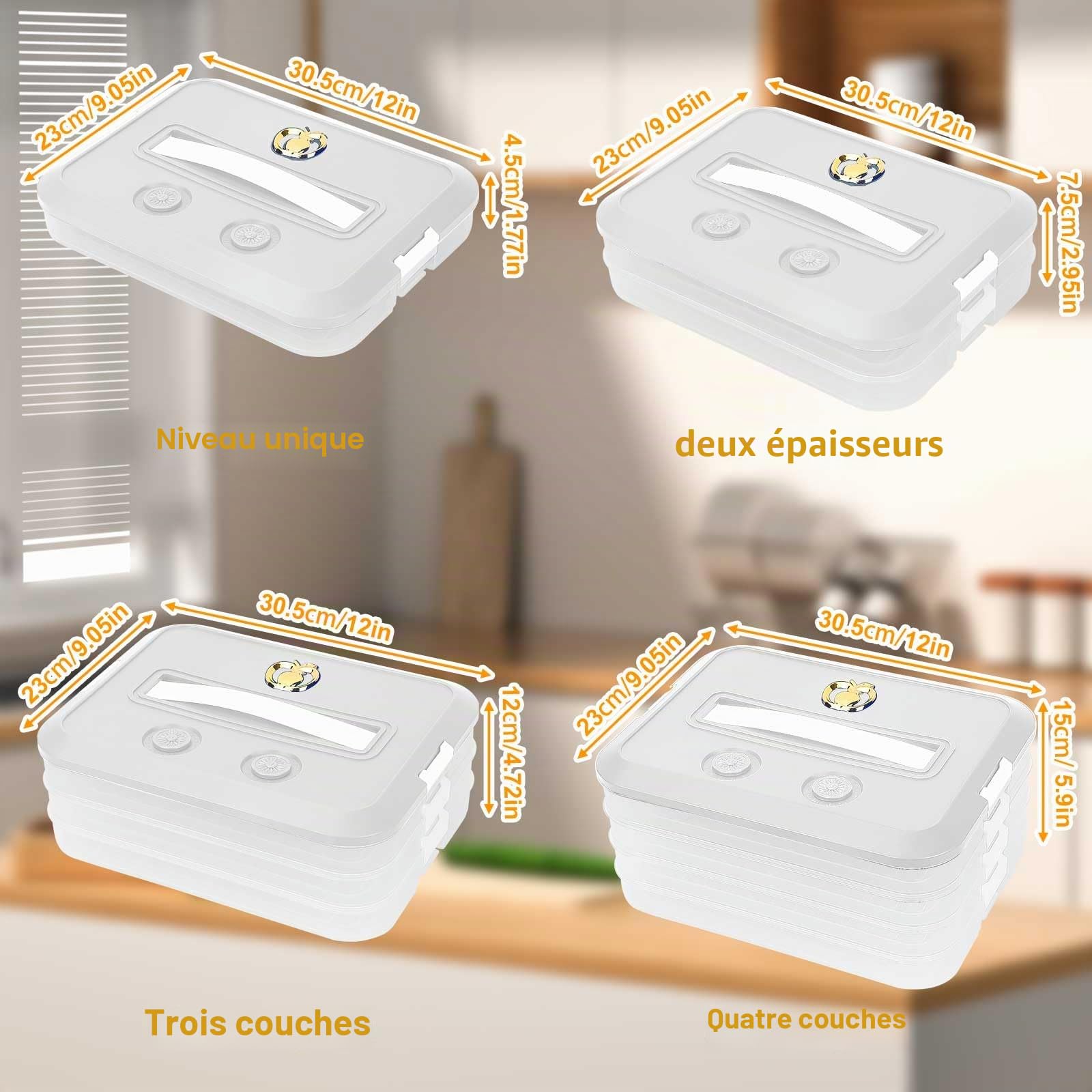 4 Couches Boîte a Charcuterie, 30,5x23x7,5cm Boite Jambon Conservation Frigo avec Couvercle et Minuteur, Empilable Boite a Fromage pour Frigo pour Raviolis, Boulettes, Biscuits, Desserts
