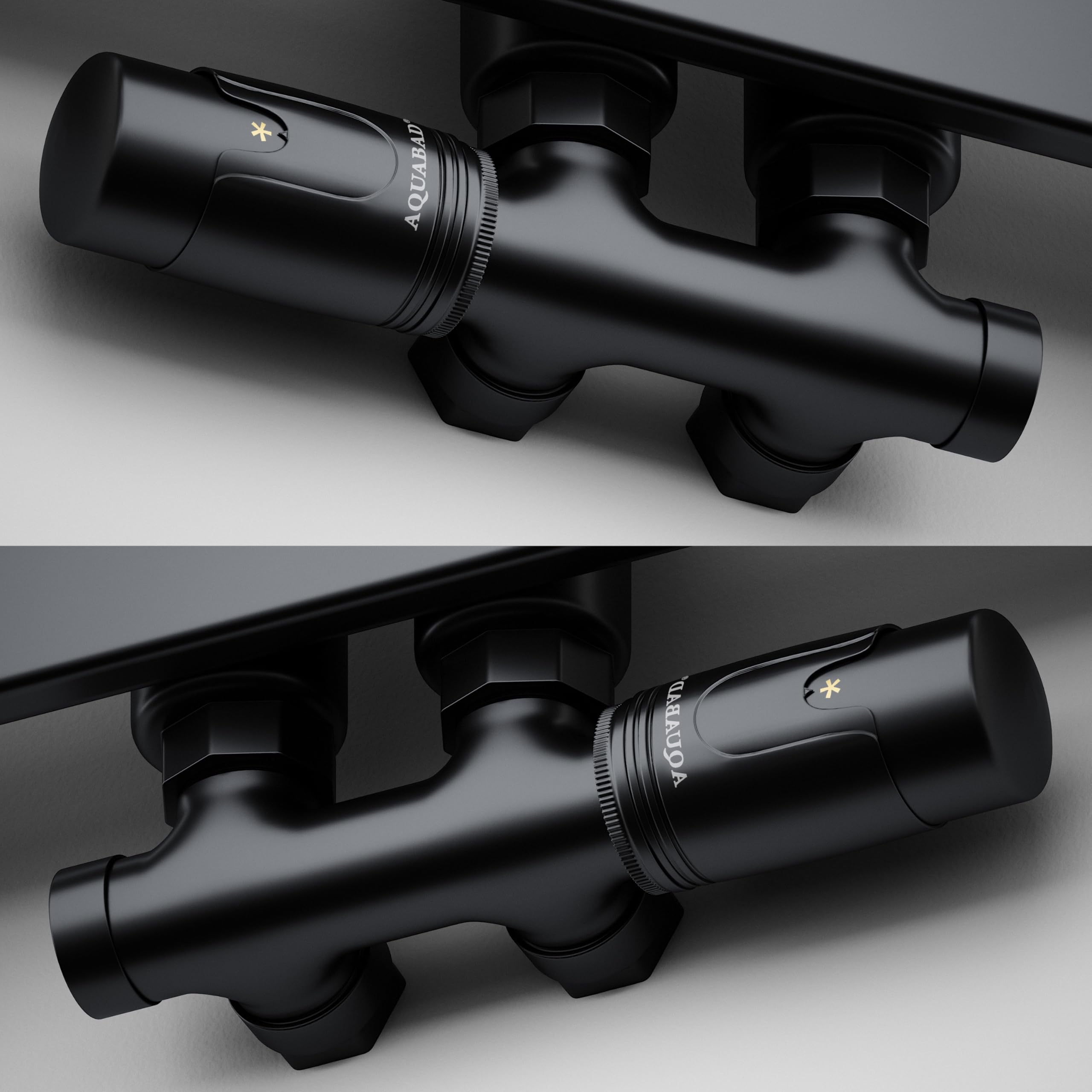 Aquabad® Kit de válvula acodada con Termostato para radiadores con conexión Central de 50mm, Negro Mate, Incluye adaptadores para Tubo de Cobre de 15mm y Tubo Multicapa de 16mm PEX