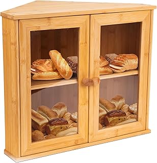 Easy to Assemble Bamboo Corner Bread Box for Kitchen Countertops - Kitchen Bread Storage and Organizer - Double Layer Bamboo Breadbox to Keep Bread Fresh