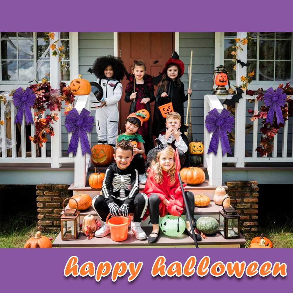 2PCS Halloween Wreath Bows Halloween Decor Bows Purple Spider Web Strips Burlap Linen Bows for Wreath, Halloween Fabric Ribbon Bows for Home Party Indoor Outdoor Decoration Wreath Ornament Supplies - Image 3