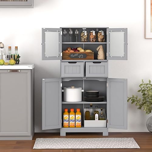 Miniatura 4 de LOKO Armario de baño, organizador de almacenamiento de lino con puertas y cajones, armario de piso de madera con estantes ajustables para baño, sala